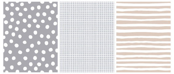 Hand Drawn Childish Style Vector Pattern Set. White Horizontal Stripes on a Beige Background. White Grid On a Gray Layout. White Polka Dots on a Gray. Cute Simple Geometric Design.