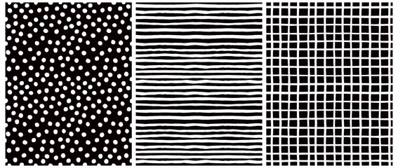 Hand Drawn Childish Style Vector Patterns. White Stripes on a Black Background. White Grid On a Back Layout. White Polka Dots on a Black. Cute Simple Childlike Geometric Design.