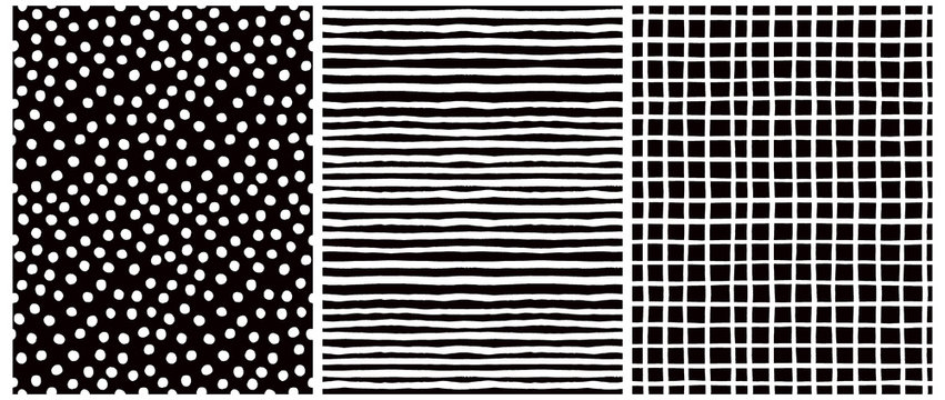 Hand Drawn Childish Style Vector Pattern Set. White Horizontal Stripes on a Black Background. White Grid On a Back Layout. White Polka Dots on a Black. Cute Simple Geometric Design.
