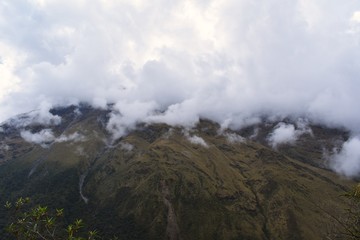 Beautiful misty mountain landscape along the Salkantay trek to Machu Picchu, Peru.