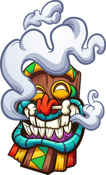 Cartoon happy smoking Tiki mask clip art. Vector illustration with simple gradients. All in a single layer. 