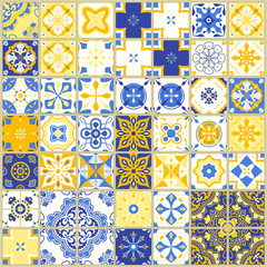 Seamless pattern with  Portuguese tiles. Vector illustration of Azulejo on white background. Mediterranean style. Blue and yellow design.