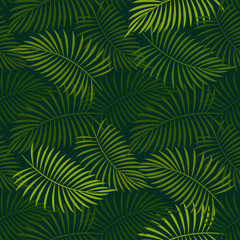 Floral seamless pattern with green palm leaves on black. Botanical vector background. Natural bright design.