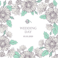 Wreath with chrysanthemums in sketch style. Beautiful flowers decoration. For Wedding day.