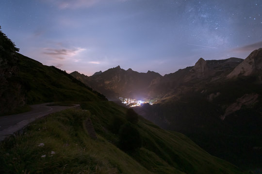 Milky way above Gourette ski station at the Pyrenees in summer, Aquitanie,France.