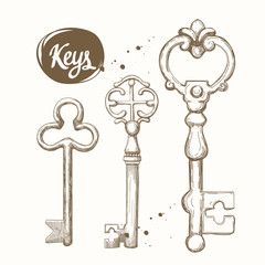 Vector set of hand-drawn antique keys. Illustration in sketch style on white background. Old design