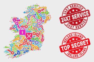 Firewall Ireland Island map and seal stamps. Red round Top Secret and 24X7 Service grunge seal stamps. Colorful Ireland Island map mosaic of different administration elements.