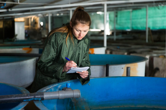 Woman at trout breeding incubator