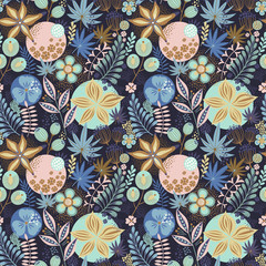 Floral seamless pattern on blue. Abstract vector background with flowers and leaves. Natural bright design.