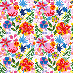 Fototapeta na wymiar Floral seamless pattern on white. Vector Illustration. Abstract background with flowers and leaves. Natural bright design.