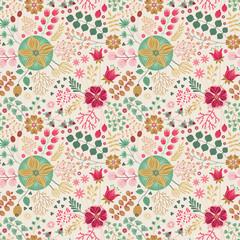 Floral seamless pattern on white. Vector Illustration. Abstract background with flowers and leaves. Natural bright design.