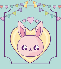 cute rabbit baby in card with garlands kawaii style