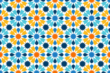 Seamless pattern with portuguese tiles. Vector illustration of Azulejo on white background. Mediterranean style. Multicolor design.
