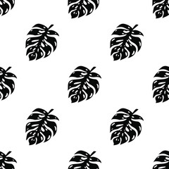Seamless pattern of leaves monstera. Tropical leaves of palm tree. Vector background. Beautiful allover print with hand drawn exotic plants. Swimwear botanical design. Vector for any purposes.