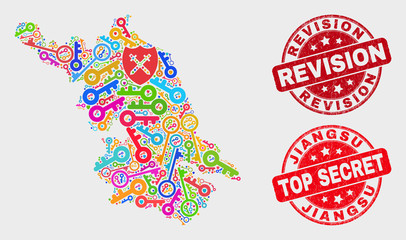Guard Jiangsu Province map and stamps. Red rounded Top Secret and Revision distress stamps. Bright Jiangsu Province map mosaic of different access elements. Vector composition for safety purposes.