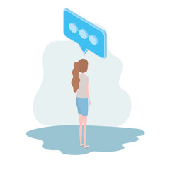 woman of back position with speech bubble on white background