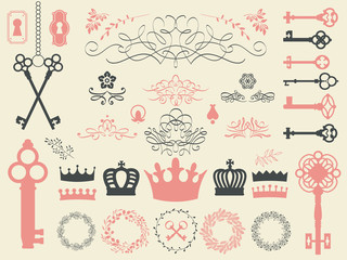 Vector illustration with design elements for decoration. Big silhouettes set of keys, wreaths, crown, branch on white background. Vintage style.
