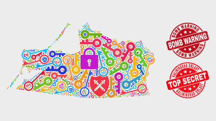 Safety Kaliningrad Region map and seal stamps. Red rounded Top Secret and Bomb Warning scratched seal stamps. Bright Kaliningrad Region map mosaic of different lock items.