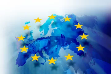 Deurstickers Background image with media screen Diagrams and graphs. In the background is the outline of the Union of Europe © katarzyna