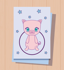 cute piggy animal in card kawaii style