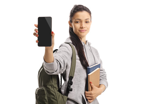 Female student showing a smartphone to the camera