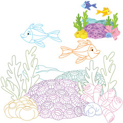 Underwater world with fish Coloring book