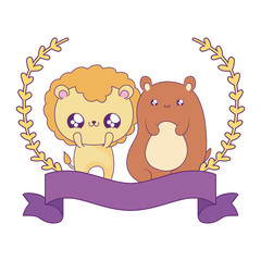cute lion with bear baby animals kawaii style