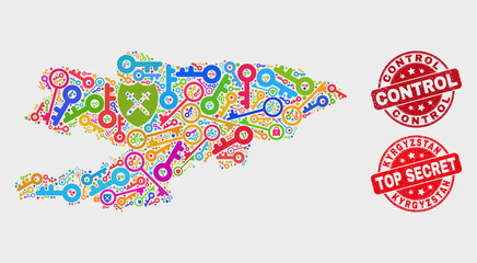 Security Kyrgyzstan map and seals. Red round Top Secret and Control scratched seals. Colorful Kyrgyzstan map mosaic of different security symbols. Vector composition for safety purposes.