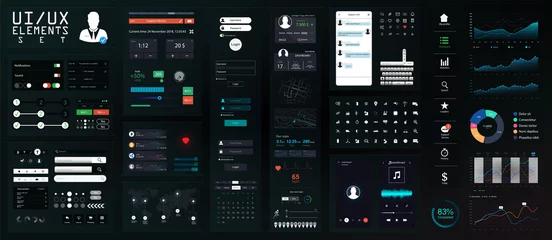 Fotobehang Dark UI Elements Big Set. Modern Mobile UI, UX, Kit for App Development in Flat Style. Modern Interface Mockup for Mobile, PC, Applications. Set of Forms, Dividers, Bars, Icons and Buttons. Vector set © SergeyBitos