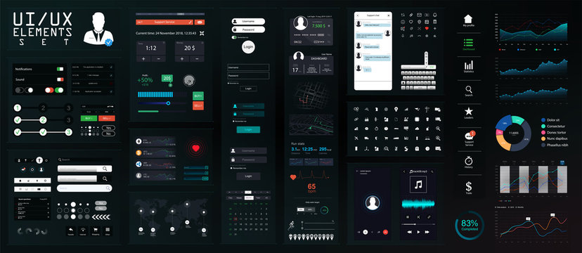 Dark UI Elements Big Set. Modern Mobile UI, UX, Kit for App Development in Flat Style. Modern Interface Mockup for Mobile, PC, Applications. Set of Forms, Dividers, Bars, Icons and Buttons. Vector set