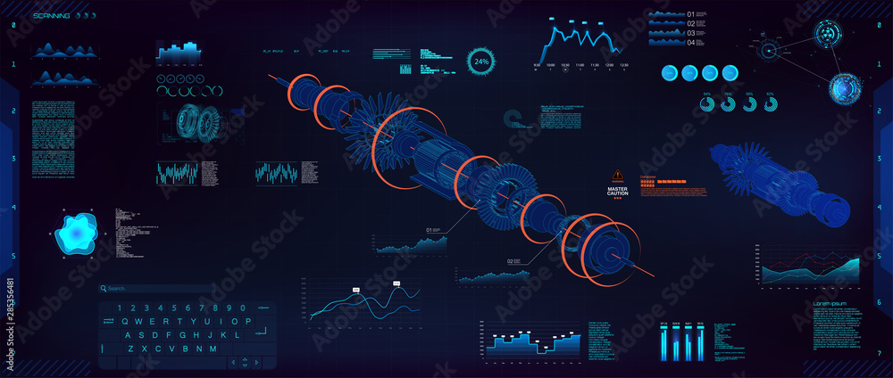 Poster Future engineering concept, HUD design. Background with futuristic user interface and 3d project turbine. HUD blueprint scanning. Gear wheel mechanism with dashboard and interface. Vector FUI 