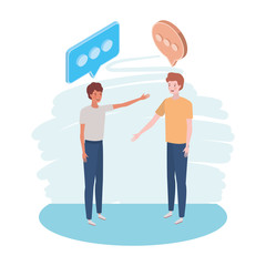 men standing with speech bubble on white background