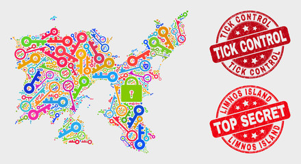 Passkey Limnos Island map and seals. Red round Top Secret and Tick Control grunge seals. Bright Limnos Island map mosaic of different safeguard elements. Vector combination for safety purposes.