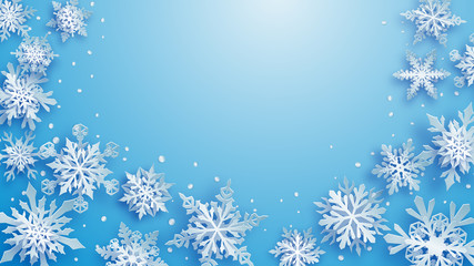 Naklejka na ściany i meble Christmas illustration of white complex paper snowflakes with soft shadows on light blue background