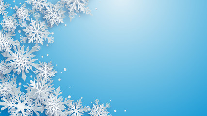Fototapeta na wymiar Christmas illustration of white complex paper snowflakes with soft shadows on light blue background