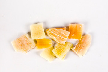 Close up, Fillet of raw fresh fish on white background, selective focus