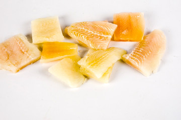 Close up, Fillet of raw fresh fish on white background, selective focus