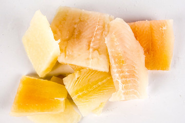 Close up, Fillet of raw fresh fish on white background, selective focus