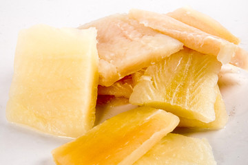 Close up, Fillet of raw fresh fish on white background, selective focus
