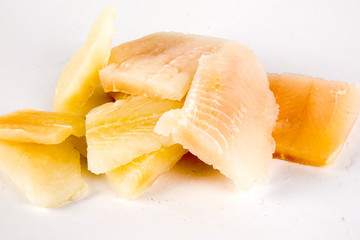 Close up, Fillet of raw fresh fish on white background, selective focus