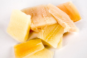 Close up, Fillet of raw fresh fish on white background, selective focus
