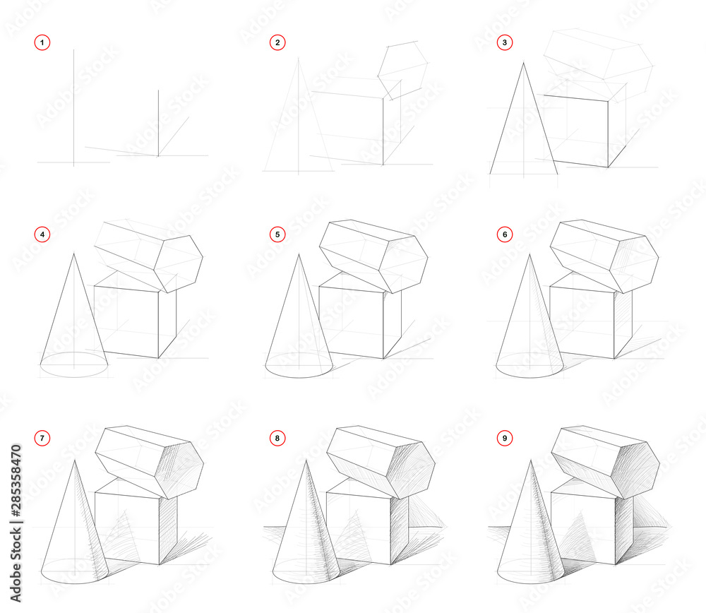 Wall mural how to draw step-wise sketch of still life with geometric shapes. creation step by step pencil drawi