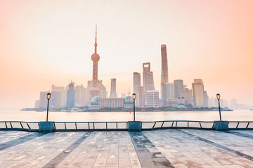 Shanghai skyline. Pudong New Area and Huangpu River. Located in The Bund, Shanghai, China.