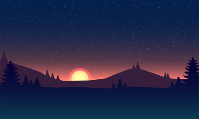 Night sky landsacape. Forest at night and star on sky.
