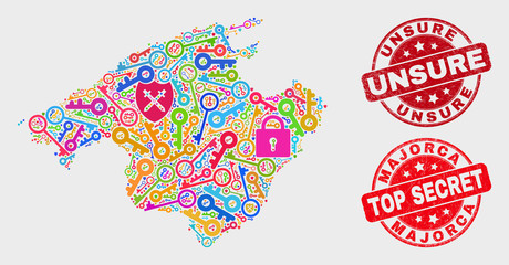 Safeguard Majorca map and seal stamps. Red rounded Top Secret and Unsure grunge seal stamps. Bright Majorca map mosaic of different safeguard icons. Vector collage for safety purposes.
