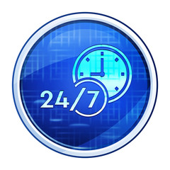 24/7 clock icon futuristic blue round button vector illustration