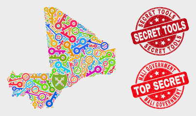 Safeguard Mali map and seals. Red round Top Secret and Secret Tools textured seals. Colored Mali map mosaic of different protection icons. Vector collage for keeping purposes.