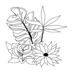 tropical floral botanical environment cartoon in black and white