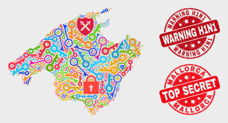 Security Mallorca map and watermarks. Red round Top Secret and Warning H1N1 grunge watermarks. Bright Mallorca map mosaic of different lock icons. Vector composition for security purposes.