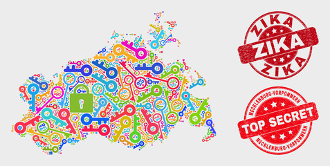 Safeguard Mecklenburg-Vorpommern Land map and seal stamps. Red round Top Secret and Zika scratched stamps. Colorful Mecklenburg-Vorpommern Land map mosaic of different privacy elements.